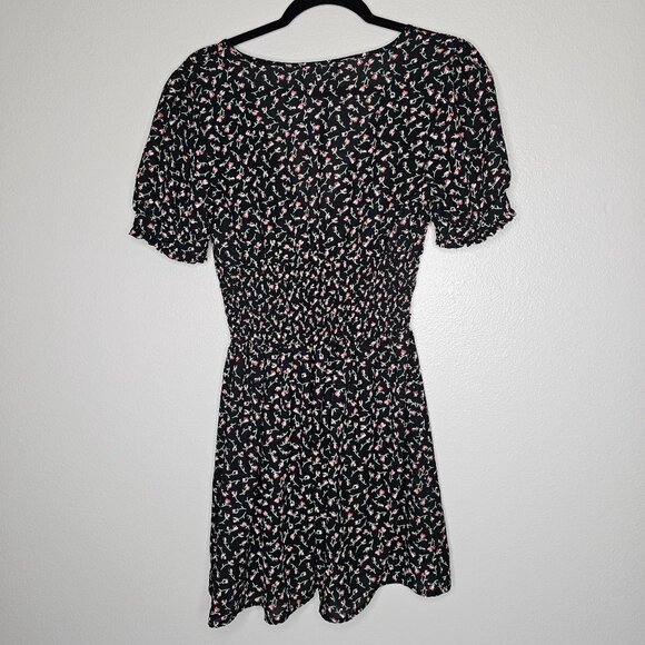Urban Outfitters S Black Ditsy Floral Dress Mini Button Ruched Babydoll Feminine - Picture 6 of 7